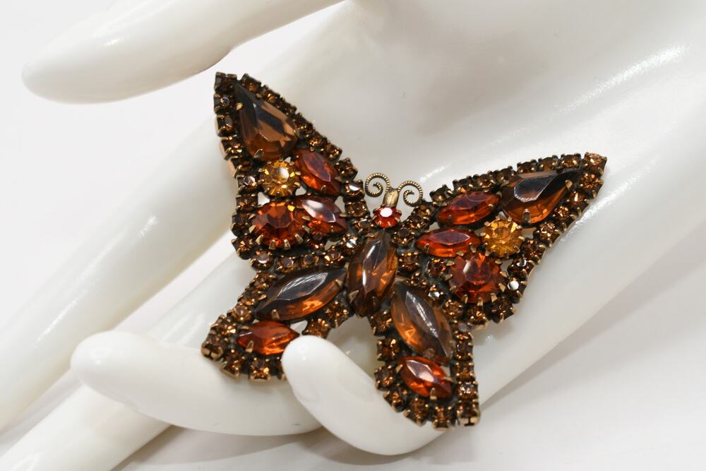 WEISS Topaz Rhinestone Butterfly Brooch Antiqued Gold Tone